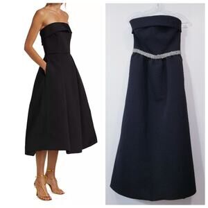 Amsale Faille Rhinestones Strapless A-Line Black Midi Dress with Pockets